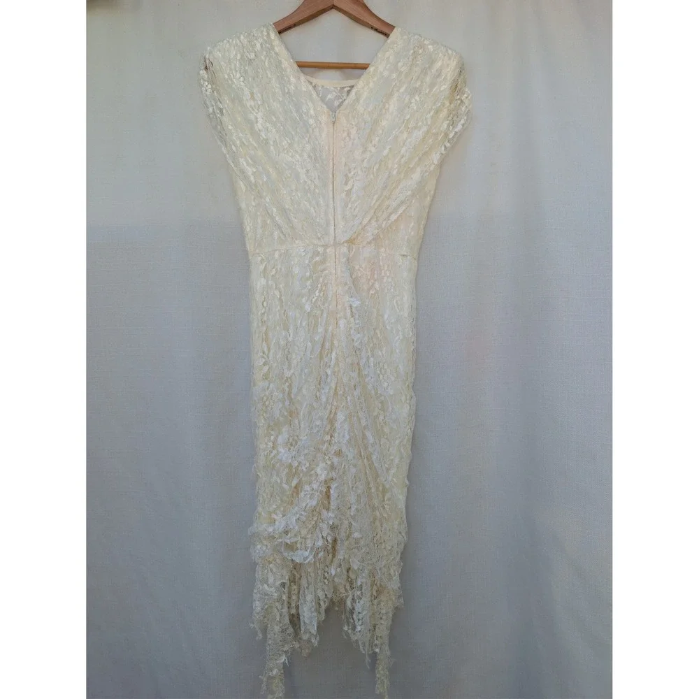 Vtg‎ Coquette Cream Lace Dress Handkerchief Hem Ruched Seneca Alternative Bride